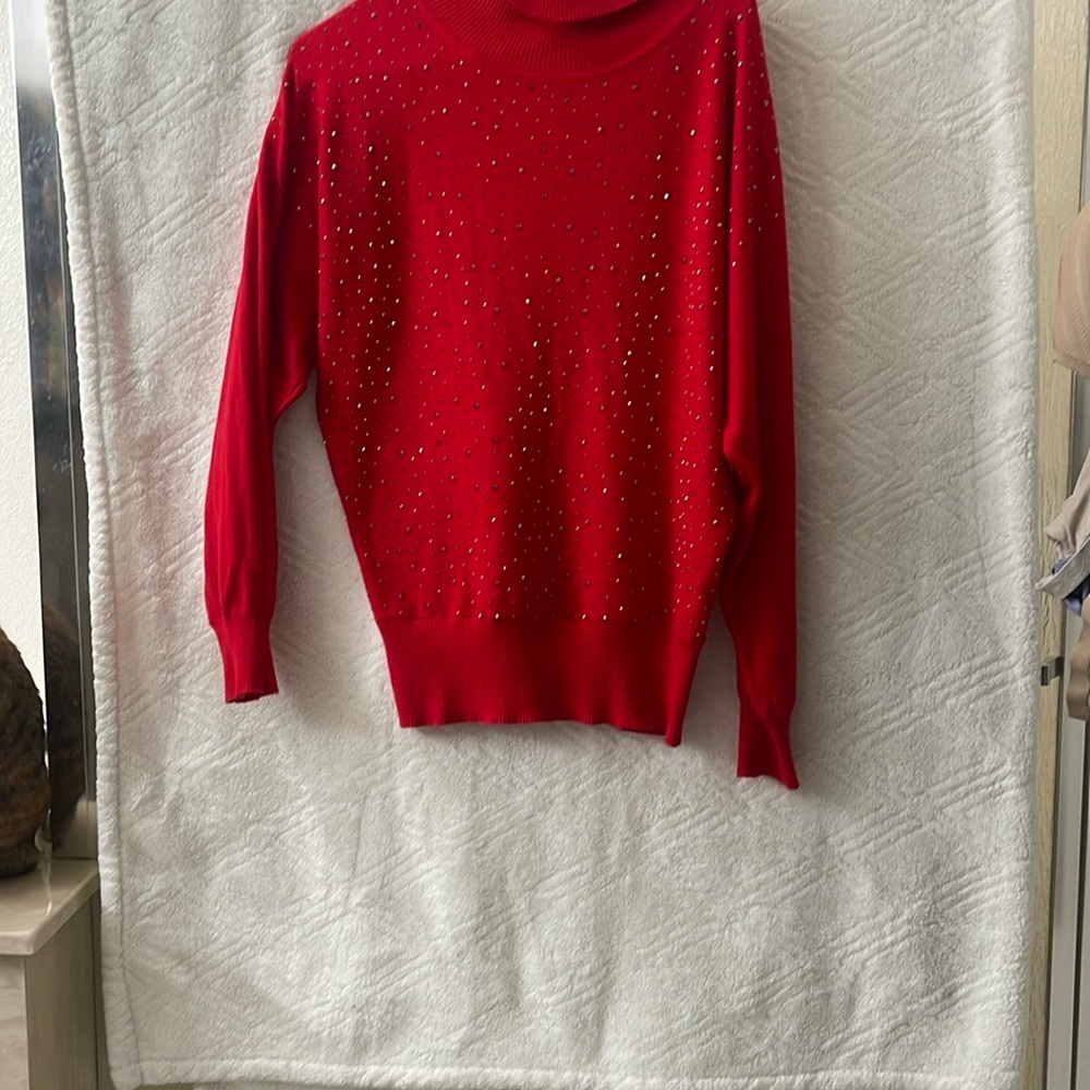 Liquido Red Turtleneck Sweater Textured Knit